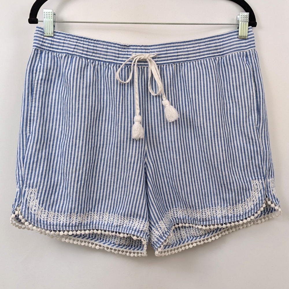 Talbots Linen Shorts Striped Embroidered Drawstring Waist Beachy Coquette MP